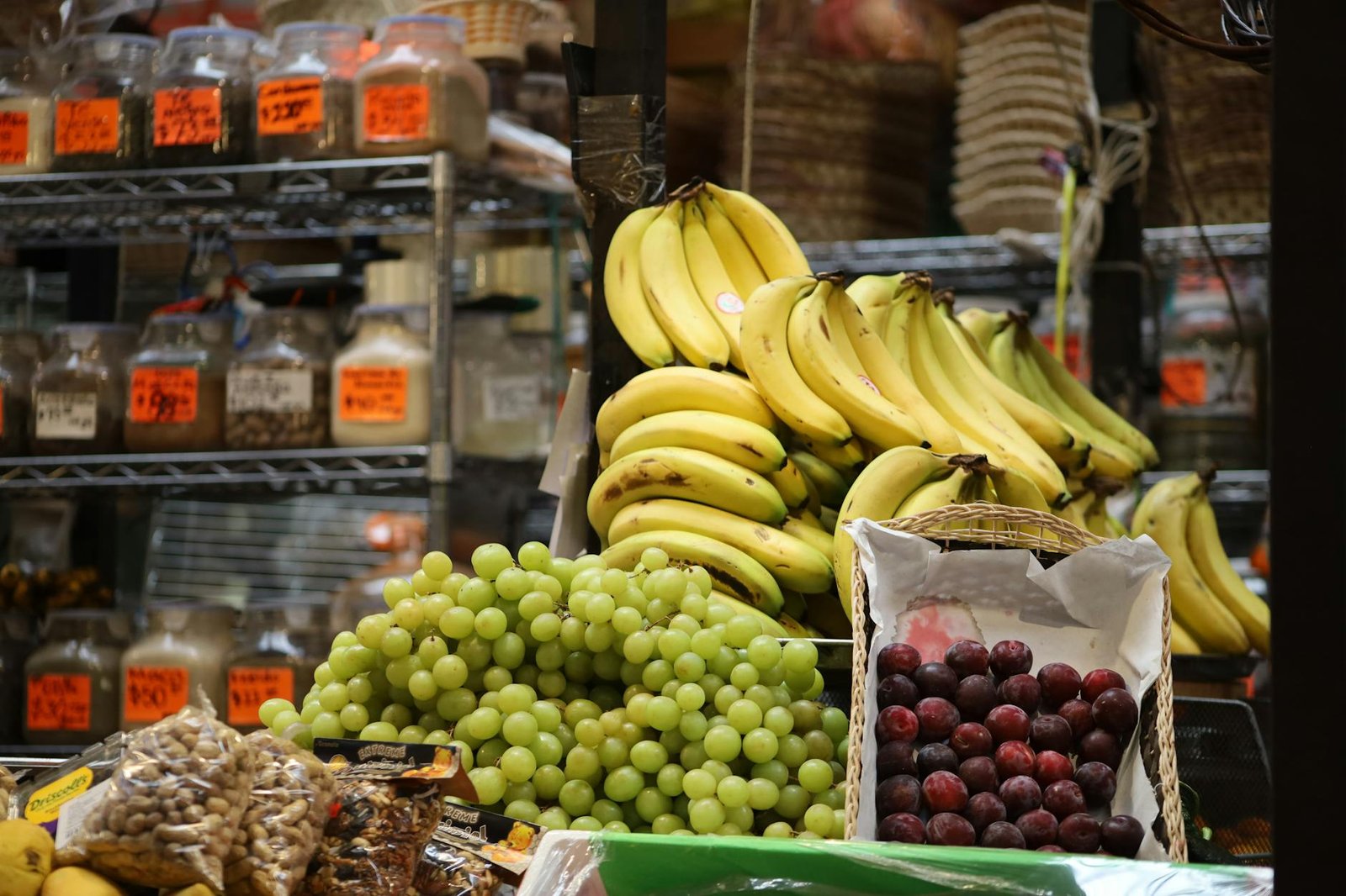fresh fruit display at local market stand